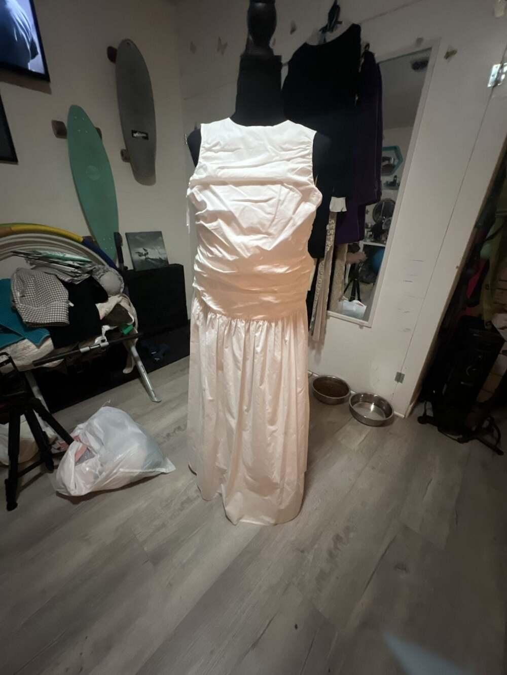 4th & Reckless Ruched Poplin Sleeveless Drop Waist Maxi Dress in White